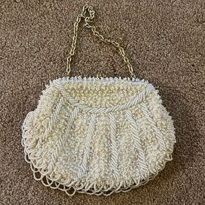 White beaded sequin evening bag with gold detailing